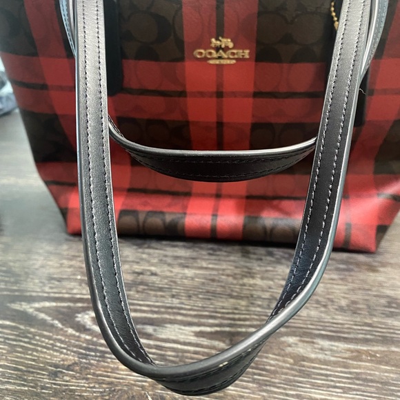 Coach Zip Top Tote In Signature Canvas With Field Plaid Print - Picture 6 of 15